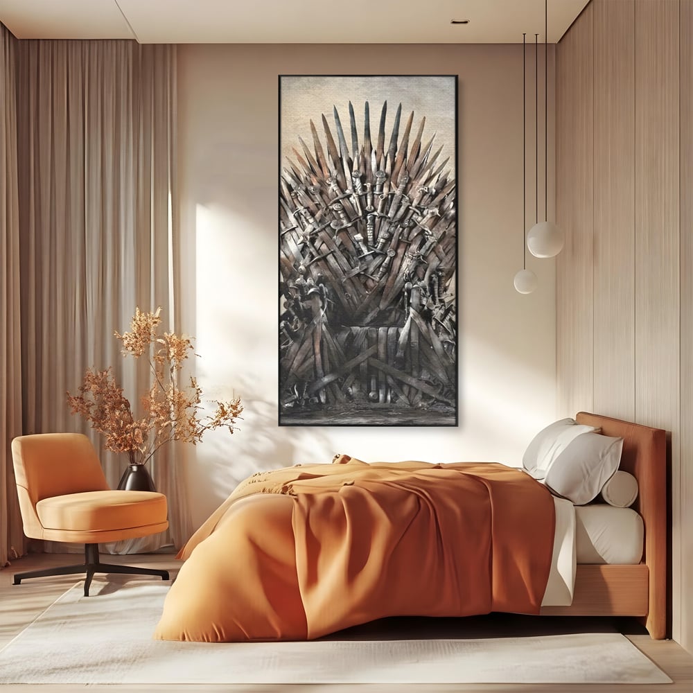 Tablou canvas cu tablou canvas cu tronul din sabii, in rama de aluminiu negru, pe perete intr-un dormitor